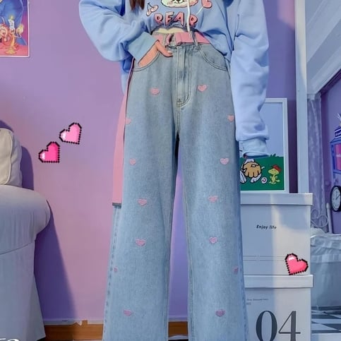 Pink Heart Embroidery Denim Jeans