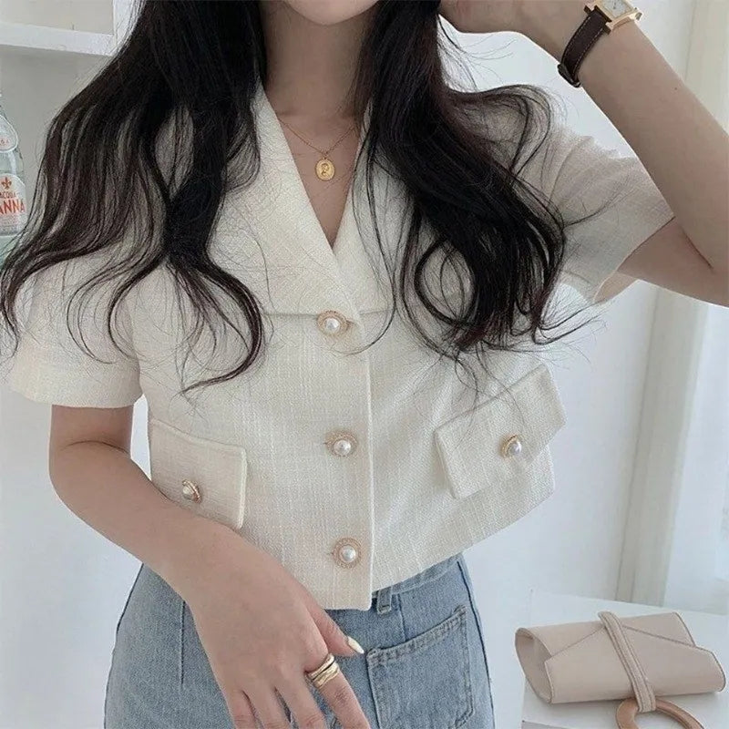 White Pearl Button Tweed Short Sleeve Blouse