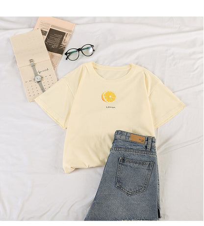 Cute Summer Casual Fruit Print O Neck Short Sleeve Tee Shirt T-shirt Top Loose Oversized E-Girl Kawaii Korean Japanese Harajuku Retro Streetwear