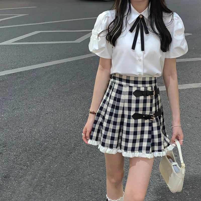 Cute 2pcs Set White Puff Ruffles Sleeve Shirt + Aline Pleated Preppy Mini Skirt Summer Aesthetic Casual E-Girl Kawaii Korean Japanese Harajuku