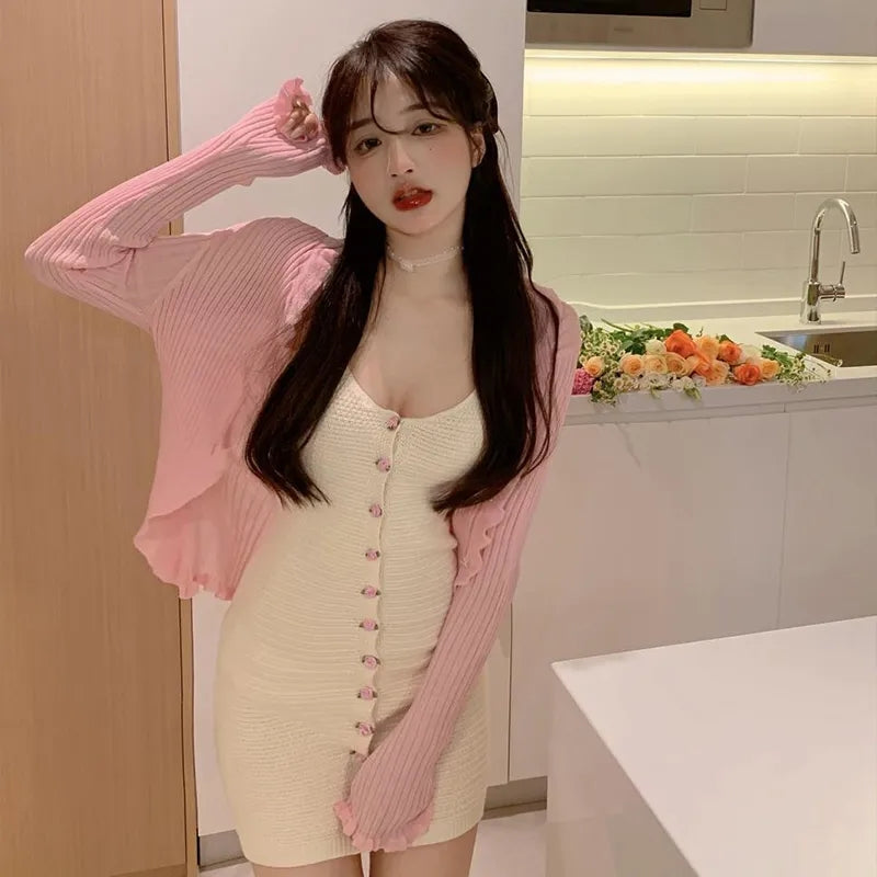 2PCS Rose Button Knit Dress + Cardigan