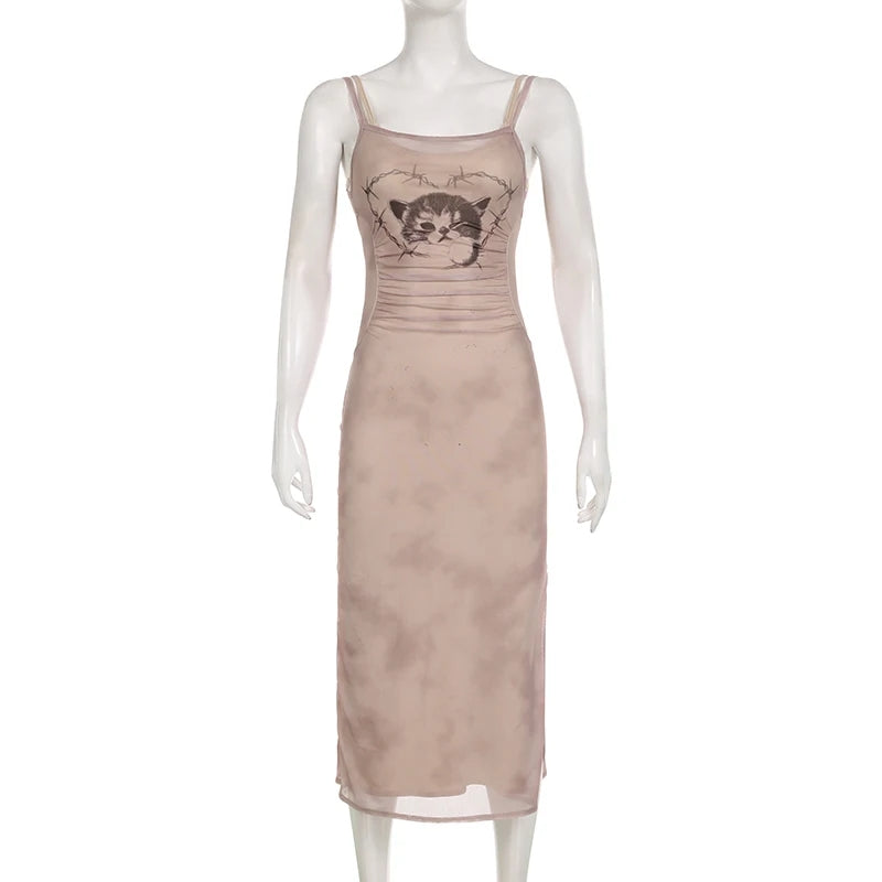 Cat Graphic Print Split Long Dress