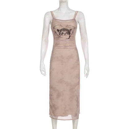 Cat Graphic Print Split Long Dress