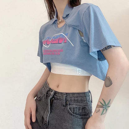 Sweet Letter Print Irregular Short Sleeve T-shirt with Corset Aesthetic Casual E-Girl Kawaii Korean Japanese Harajuku