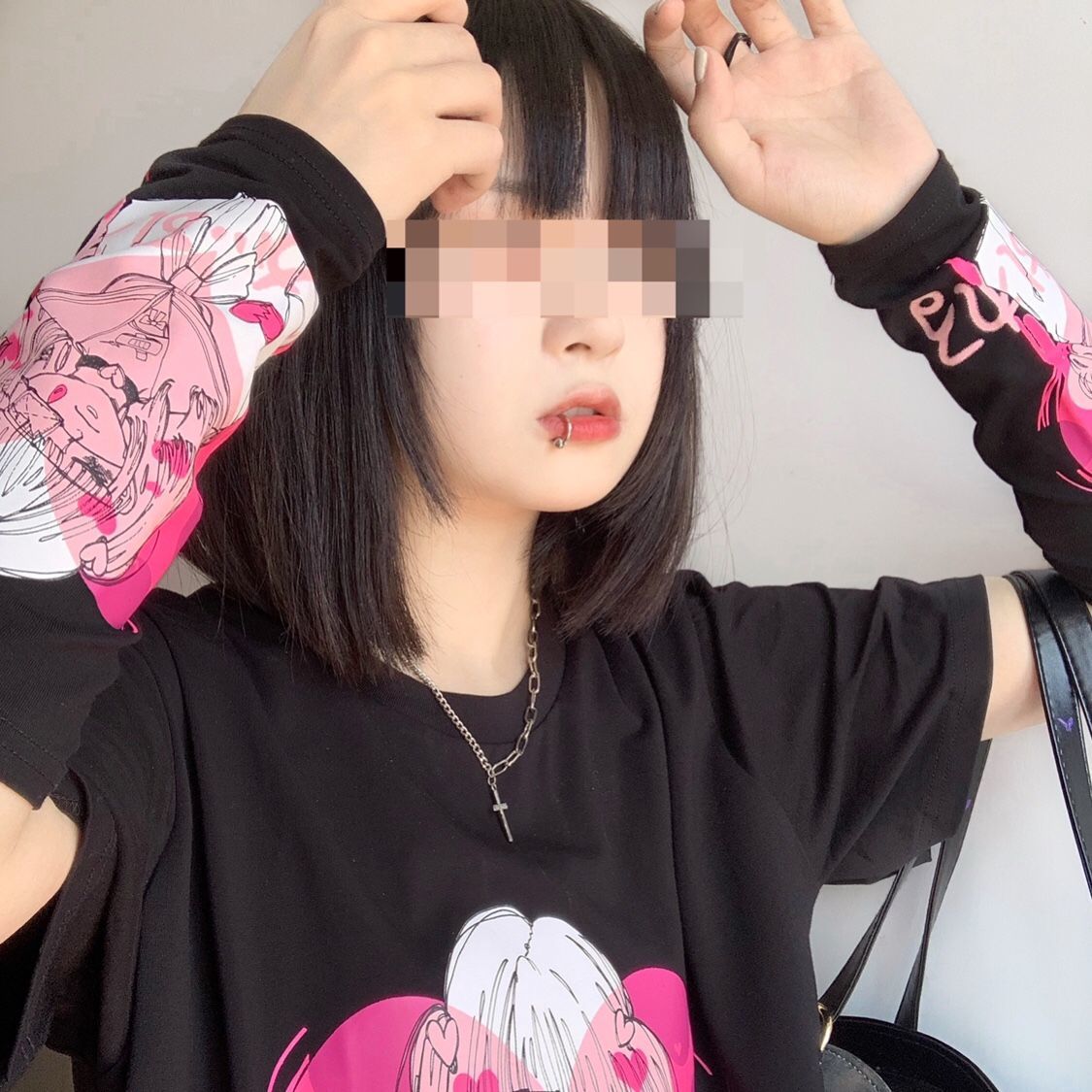 Cute Black Punk Goth Anime Girl Cartoon Print Short Sleeve Shirt Oversized Loose T-shirt Tee Top E-Girl Kawaii Korean Japanese Harajuku Streetwear