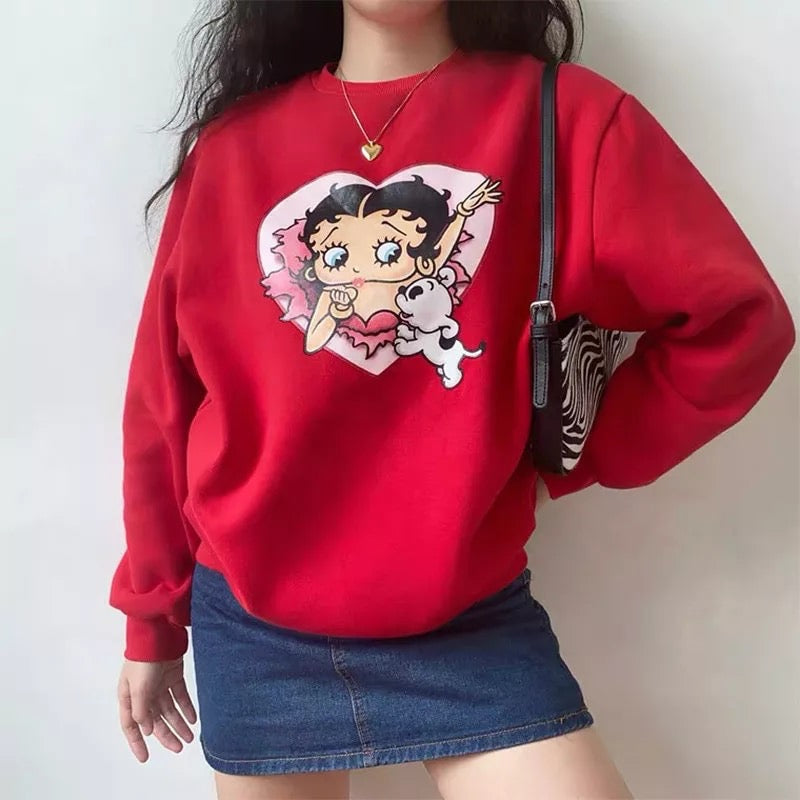 Cute 80s 90s Red Heart Vintage Cartoon Girl Long Sleeve Shirt Hoodie Pullover Sweatshirt Casual E-Girl Kawaii Korean Japanese Harajuku Streetwear