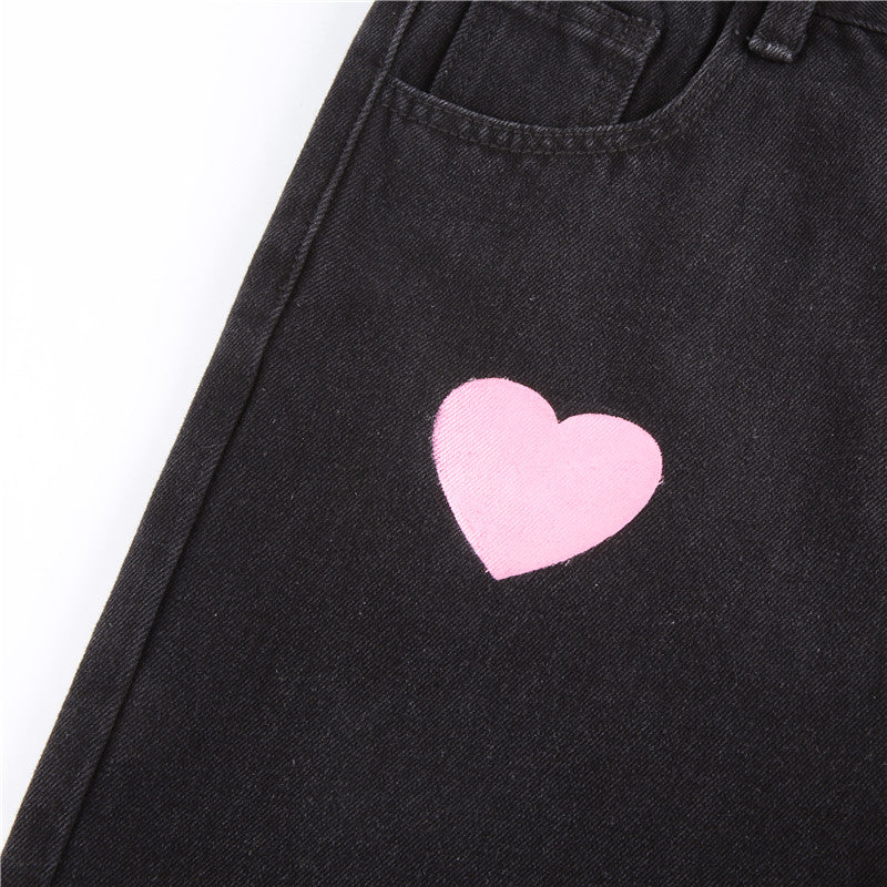 Cute Vintage Pink Heart Print Black Denim Jeans Straight High Waist Long Trouser Pants Autumn Casual E-Girl Kawaii Korean Japanese Harajuku Streetwear