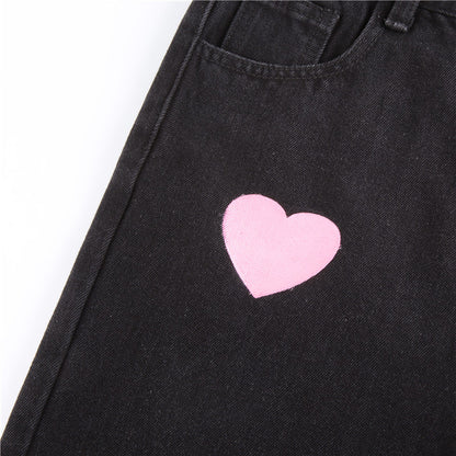 Cute Vintage Pink Heart Print Black Denim Jeans Straight High Waist Long Trouser Pants Autumn Casual E-Girl Kawaii Korean Japanese Harajuku Streetwear