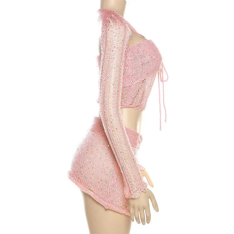 2PCS Pink Sequin See Through Hollow Out Top + Skirt Set