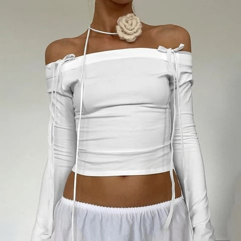 White Bow Off Shoulder Long Sleeve Top