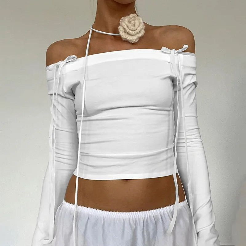 White Bow Off Shoulder Long Sleeve Top