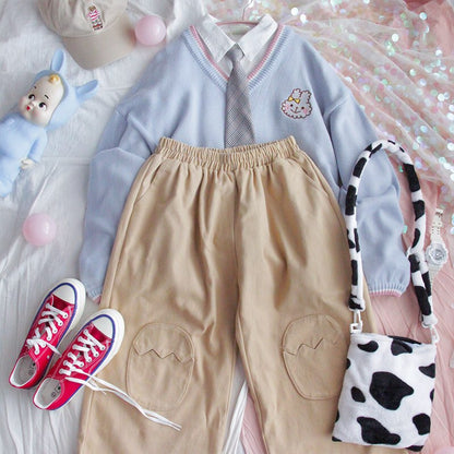 Cute Bunny Rabbit Embroidery Preppy Knit V Neck Vest Sweater Sweatshirt Loose Jumper Pullover Casual E-Girl Kawaii Korean Japanese Harajuku Streetwear