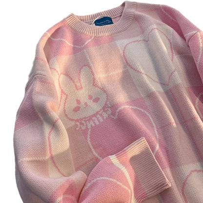 Cute Pink Bunny Rabbit Cartoon Knit Sweater Long Sleeve Pullover Jumper Aesthetic Casual E-Girl Kawaii Korean Japanese Harajuku