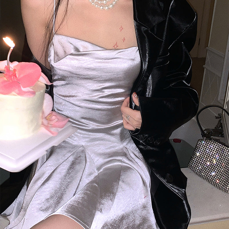 Silver Satin A-Line Mini Dress