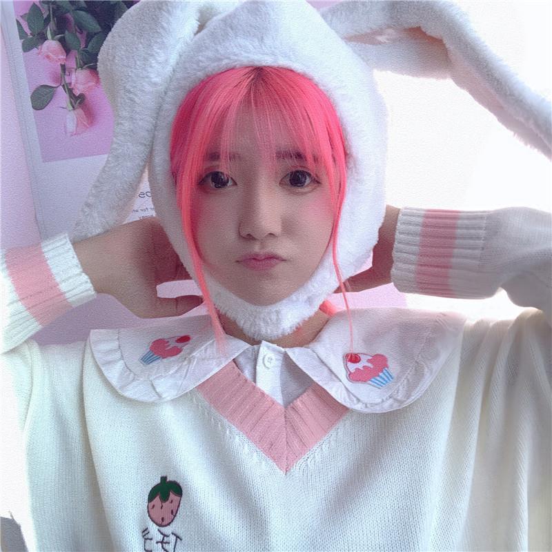 Cute Strawberry Peach Embroidery Knit Vest Sweater Sweatshirt Pullover Long Sleeve Shirt Casual E-Girl Kawaii Korean Japanese Harajuku Streetwear