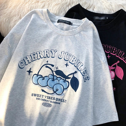Cherry Embroidery Loose Short Sleeve T-shirt