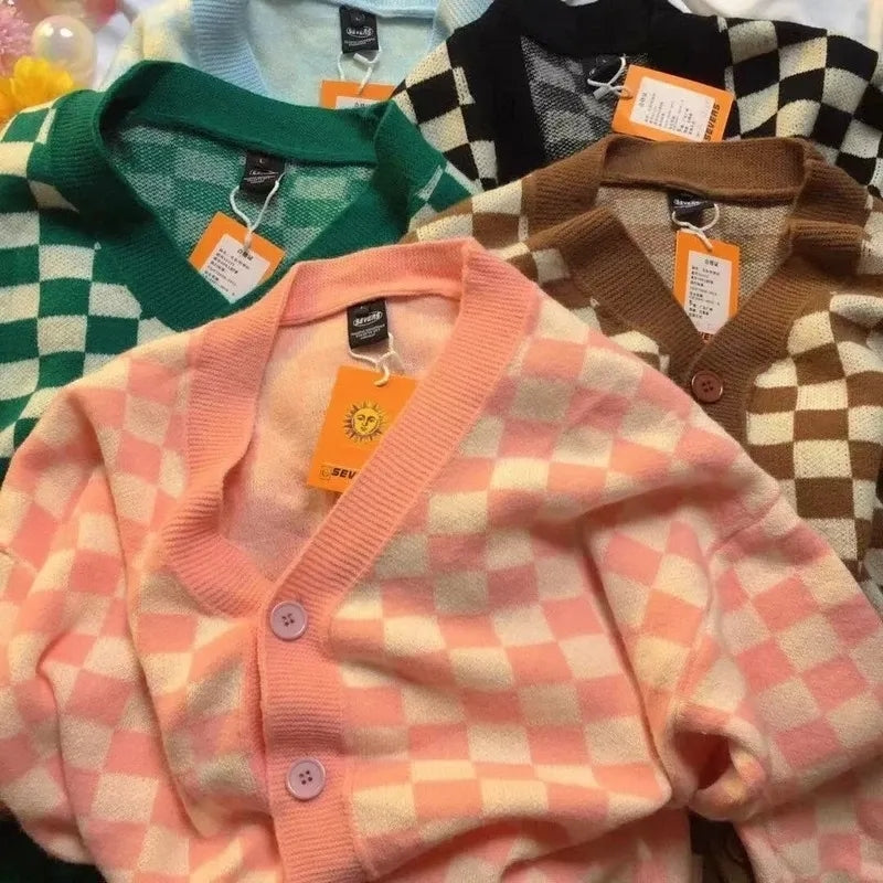 Pink Checkered Button Knit Cardigan