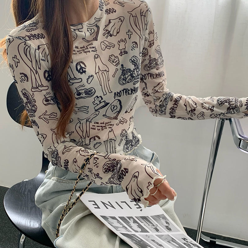 Spooky Mesh Ruffle Long Sleeve Shirt