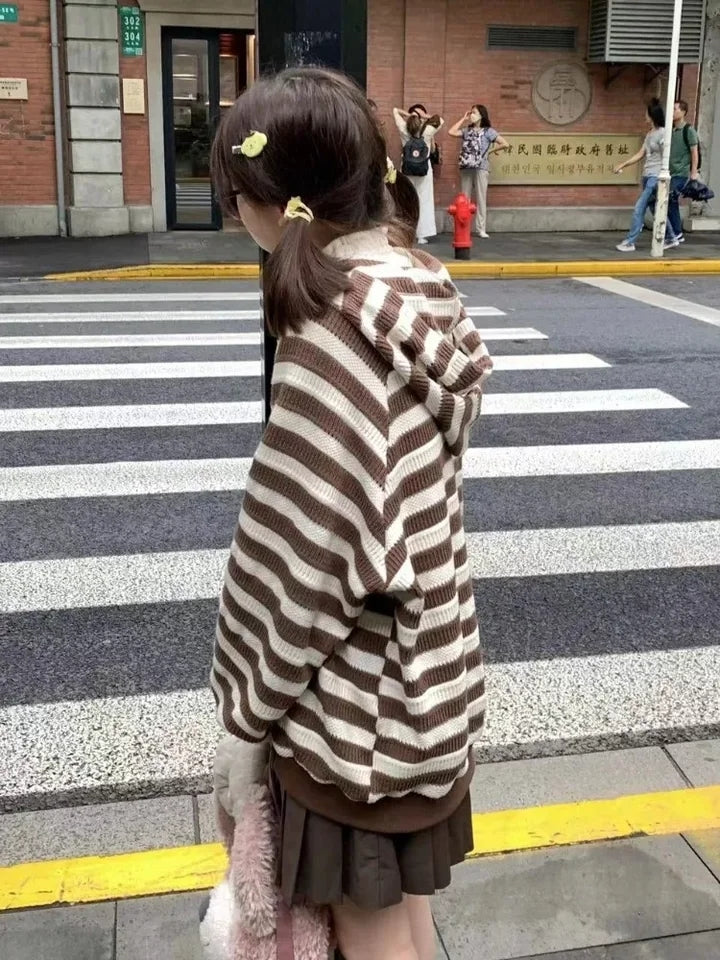 Brown Stripe Zipper Cardigan