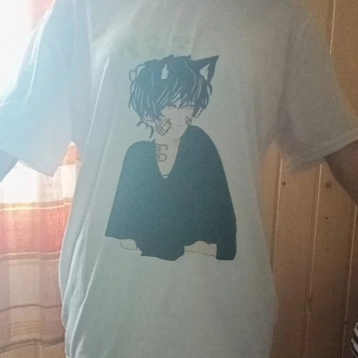 Cute Anime Boy Cat Ears Cartoon Graphic Print Oversize Short Sleeve Shirt Summer Aesthetic Casual E-Girl Kawaii Korean Japanese Harajuku