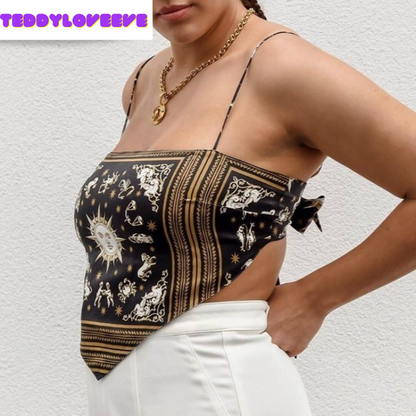 Sexy Sun Moon Zodiac Backless Camisole Lace Up Spaghetti Strap Tank Top Asymmetrical Print Aesthetic E-Girl Kawaii Korean Japanese Harajuku Streetwear