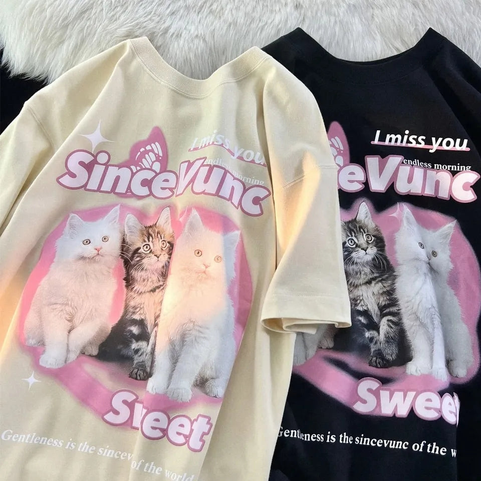 Retro Cat Print Short Sleeve T-shirt