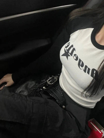Black & White Angel Patchwork Long Sleeve Crop Top