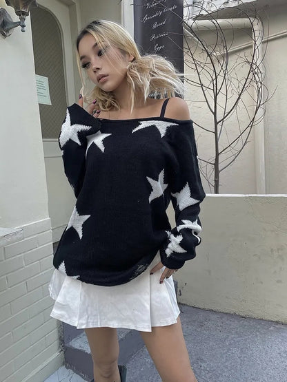 Black Star Print Off Shoulder Sweater