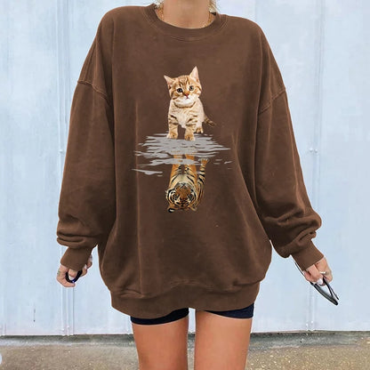 Cute Funny Cat Tiger Cartoon Print Long Sleeve Crewneck Sweatshirt Pullover Aesthetic Casual E-Girl Kawaii Korean Japanese Harajuku