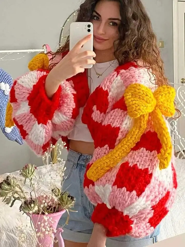 3D Red & White Crochet Cardigan with Yellow Bow