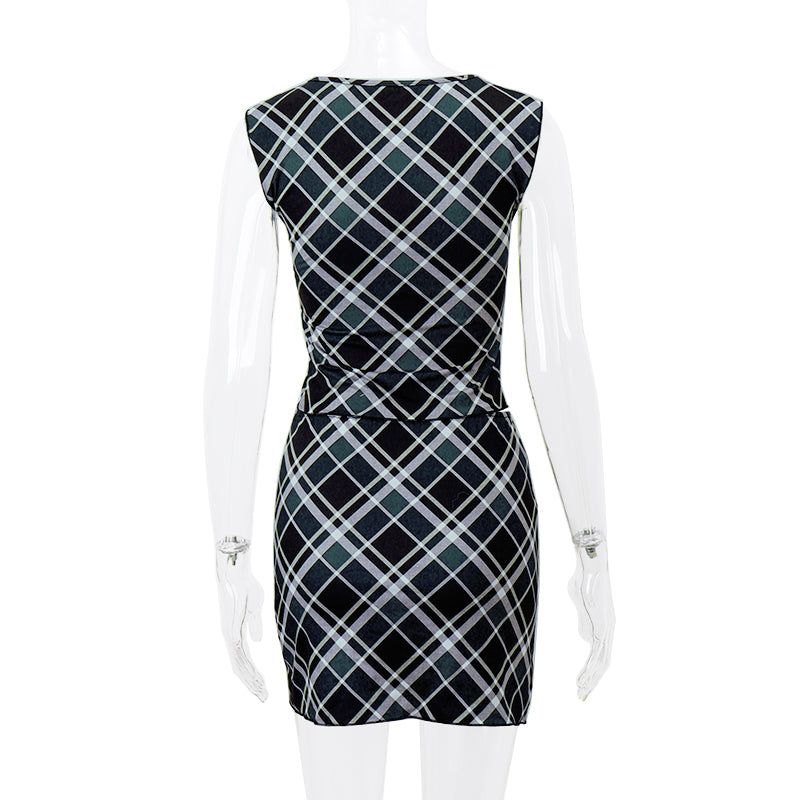 2PCS Black & White Plaid V Neck Top + Mini Skirt