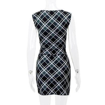 2PCS Black & White Plaid V Neck Top + Mini Skirt