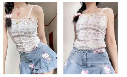 Cat Print Double A-Line Mini Skirt