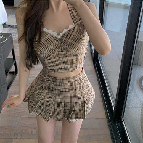 2PCS Plaid Lace Crop Top + Mini Skirt
