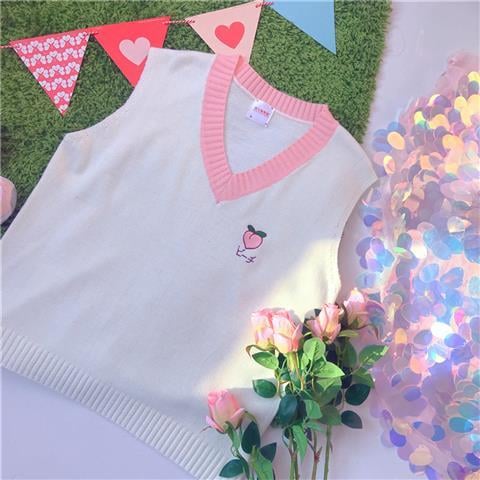 Cute Strawberry Peach Embroidery Knit Vest Sweater Sweatshirt Pullover Long Sleeve Shirt Casual E-Girl Kawaii Korean Japanese Harajuku Streetwear