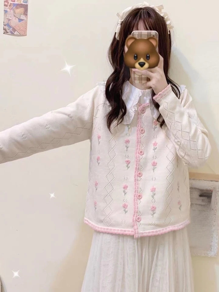 Blue Embroidery Hollow Sweater