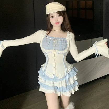 2PCS Blue Japanese Blouse + Vintage Mini Skirt
