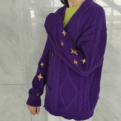 Purple Star Embroidery Button Cardigan