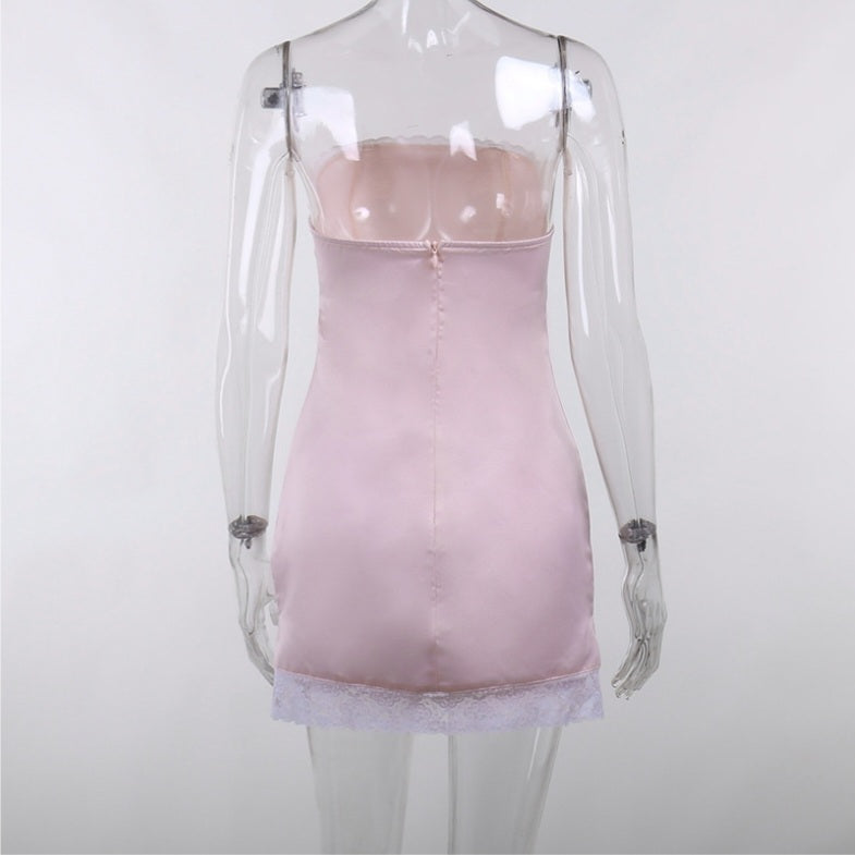 Pink Satin Lace Trim Strapless Dress