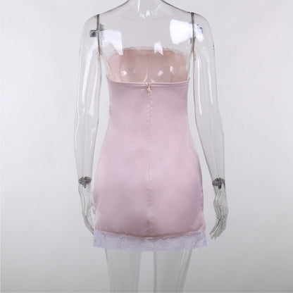 Pink Satin Lace Trim Strapless Dress