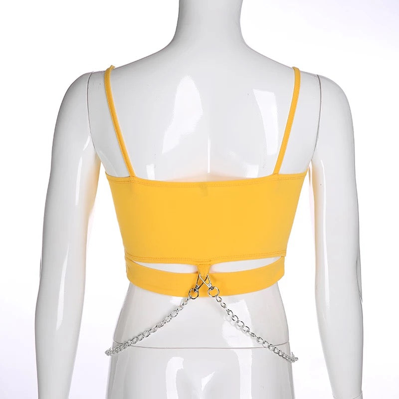 Sexy Yellow Rebel Letter Print Biker Punk Goth Hallow Out Metal Chain Crop Top Tank E-Girl Kawaii Korean Japanese Harajuku Retro Streetwear