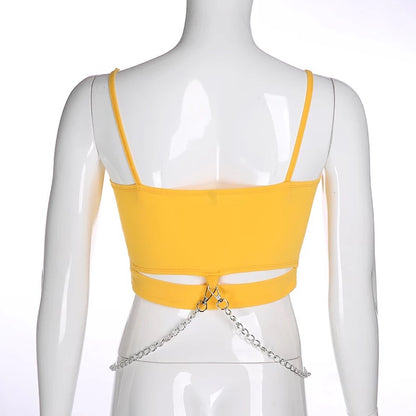Sexy Yellow Rebel Letter Print Biker Punk Goth Hallow Out Metal Chain Crop Top Tank E-Girl Kawaii Korean Japanese Harajuku Retro Streetwear