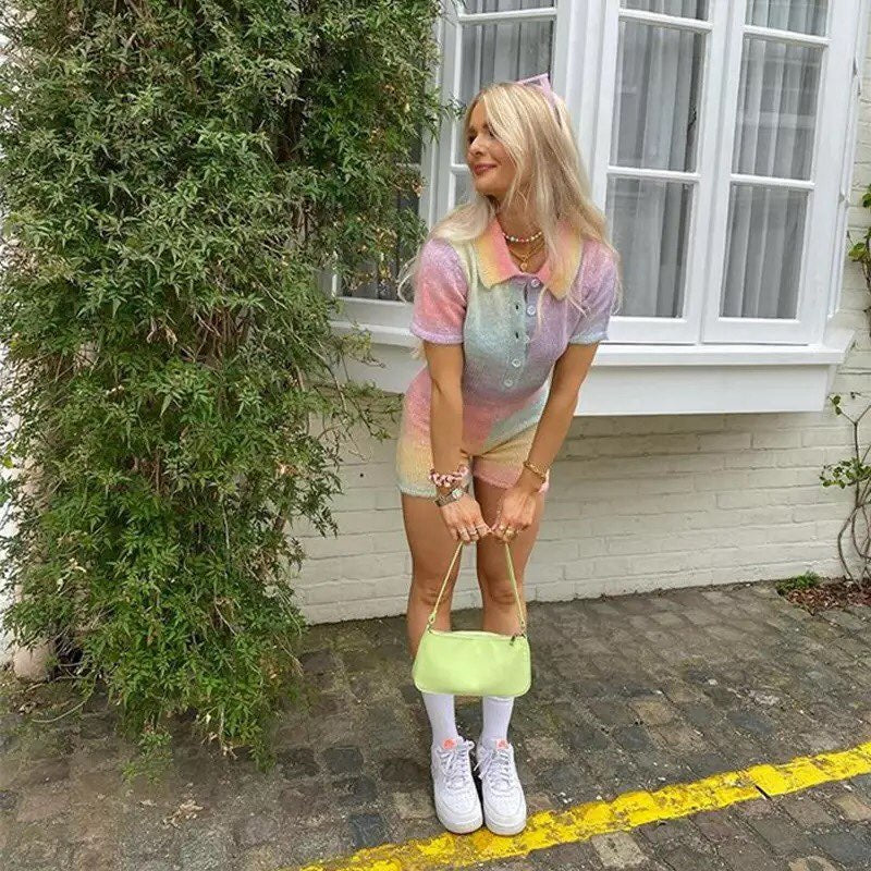 Pastel Rainbow Tie Dye Knit Short Sleeve Playsuit Romper Overall Summer Aesthetic Casual E-Girl Kawaii Korean Japanese Harajuku