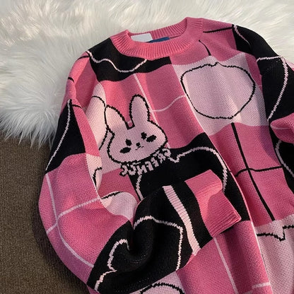 Cute Pink Bunny Rabbit Cartoon Knit Sweater Long Sleeve Pullover Jumper Aesthetic Casual E-Girl Kawaii Korean Japanese Harajuku