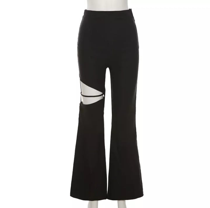 Cute Sexy Black High Waist Flare Trousers Cut Out Hollow Pants Summer Aesthetic Casual E-Girl Kawaii Korean Japanese Harajuku