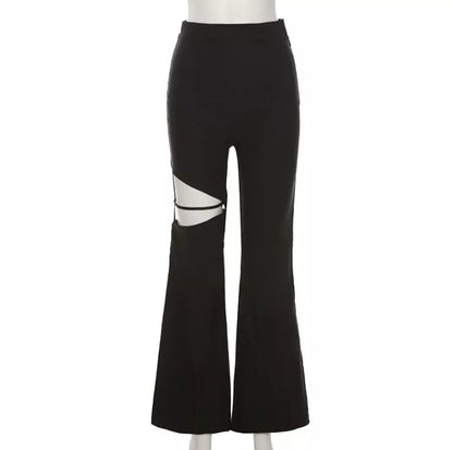 Cute Sexy Black High Waist Flare Trousers Cut Out Hollow Pants Summer Aesthetic Casual E-Girl Kawaii Korean Japanese Harajuku