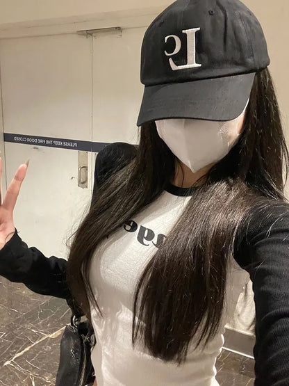 Black & White Angel Patchwork Long Sleeve Crop Top