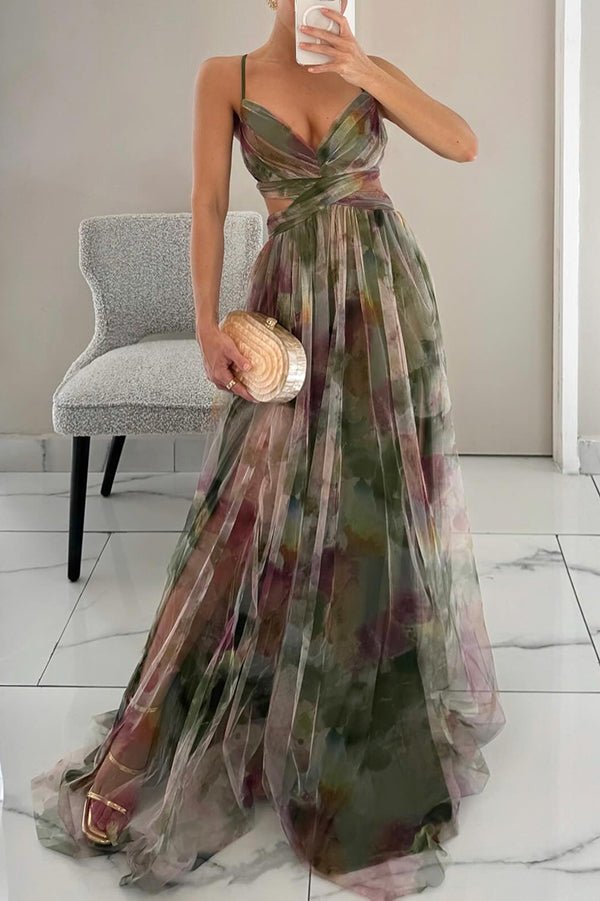 Deep V Neck Spaghetti Strap Cutout Waist Abstract Watercolor Print Tulle Maxi Dress