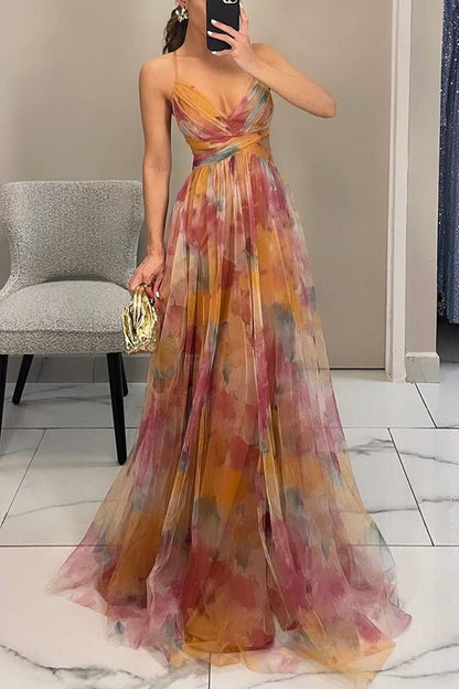 Deep V Neck Spaghetti Strap Cutout Waist Abstract Watercolor Print Tulle Maxi Dress