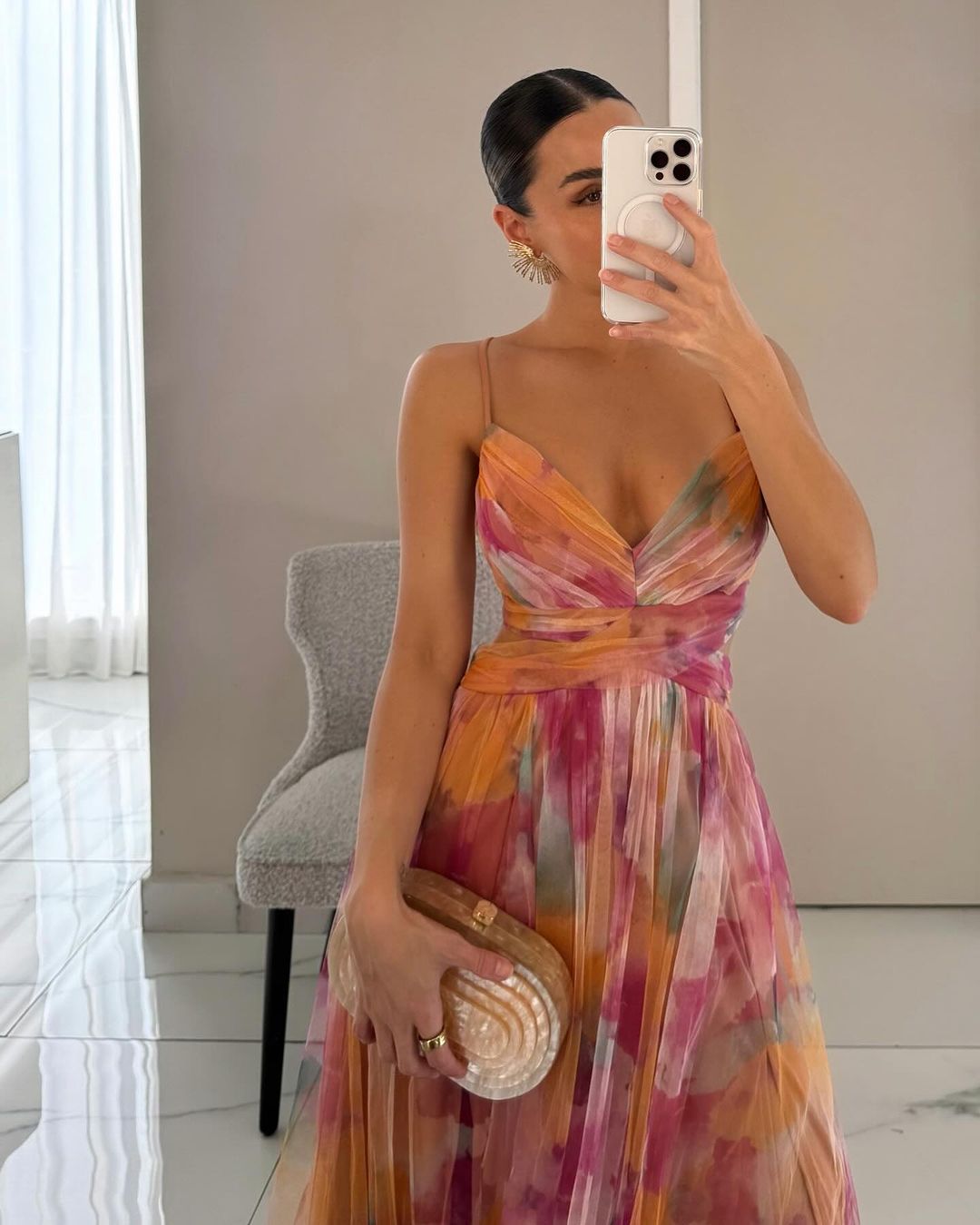 Deep V Neck Spaghetti Strap Cutout Waist Abstract Watercolor Print Tulle Maxi Dress